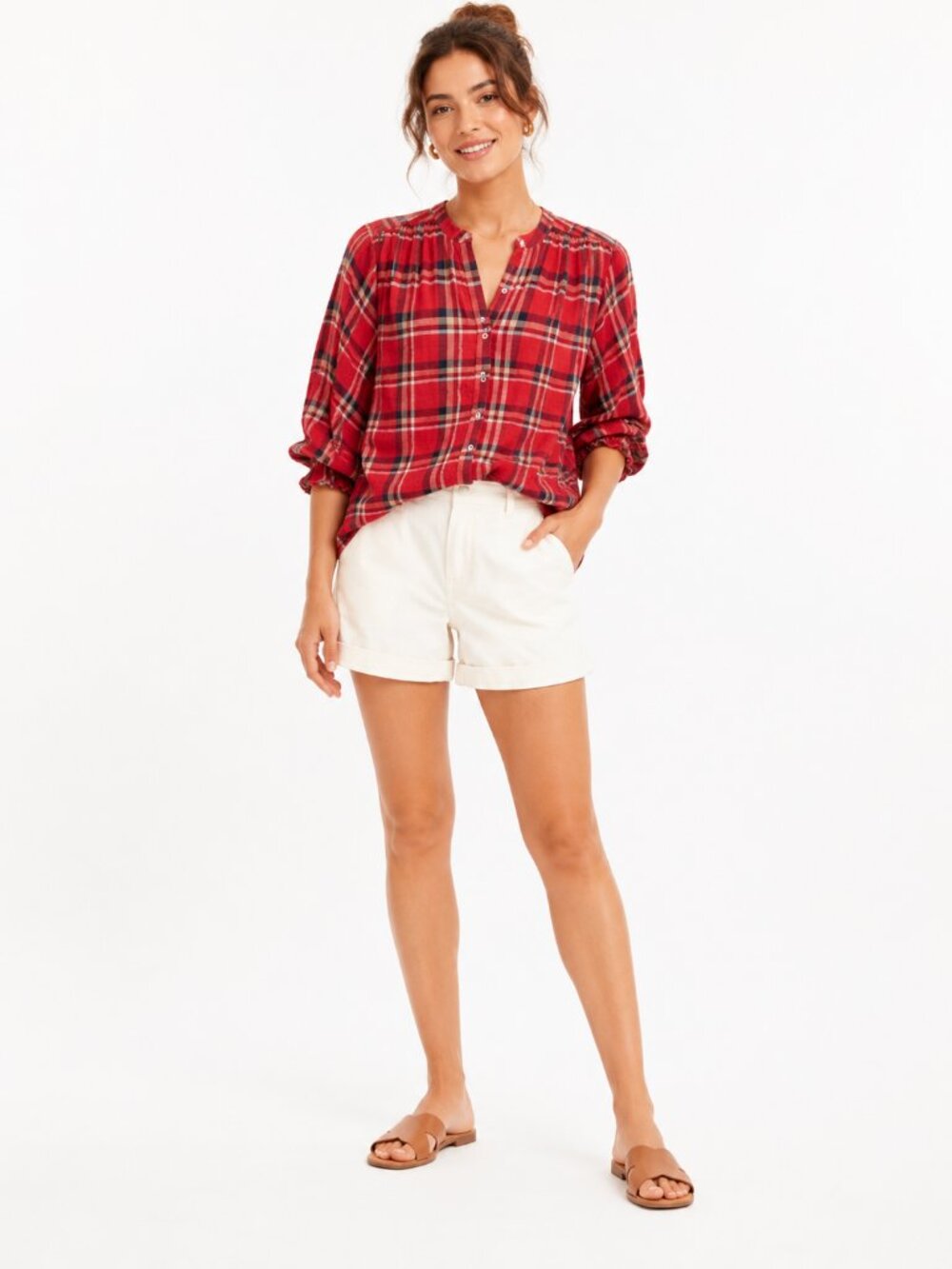 LoveStitch Plaid Blouse S/M Cropped Balloon Sleeve Boho Top Red Like New